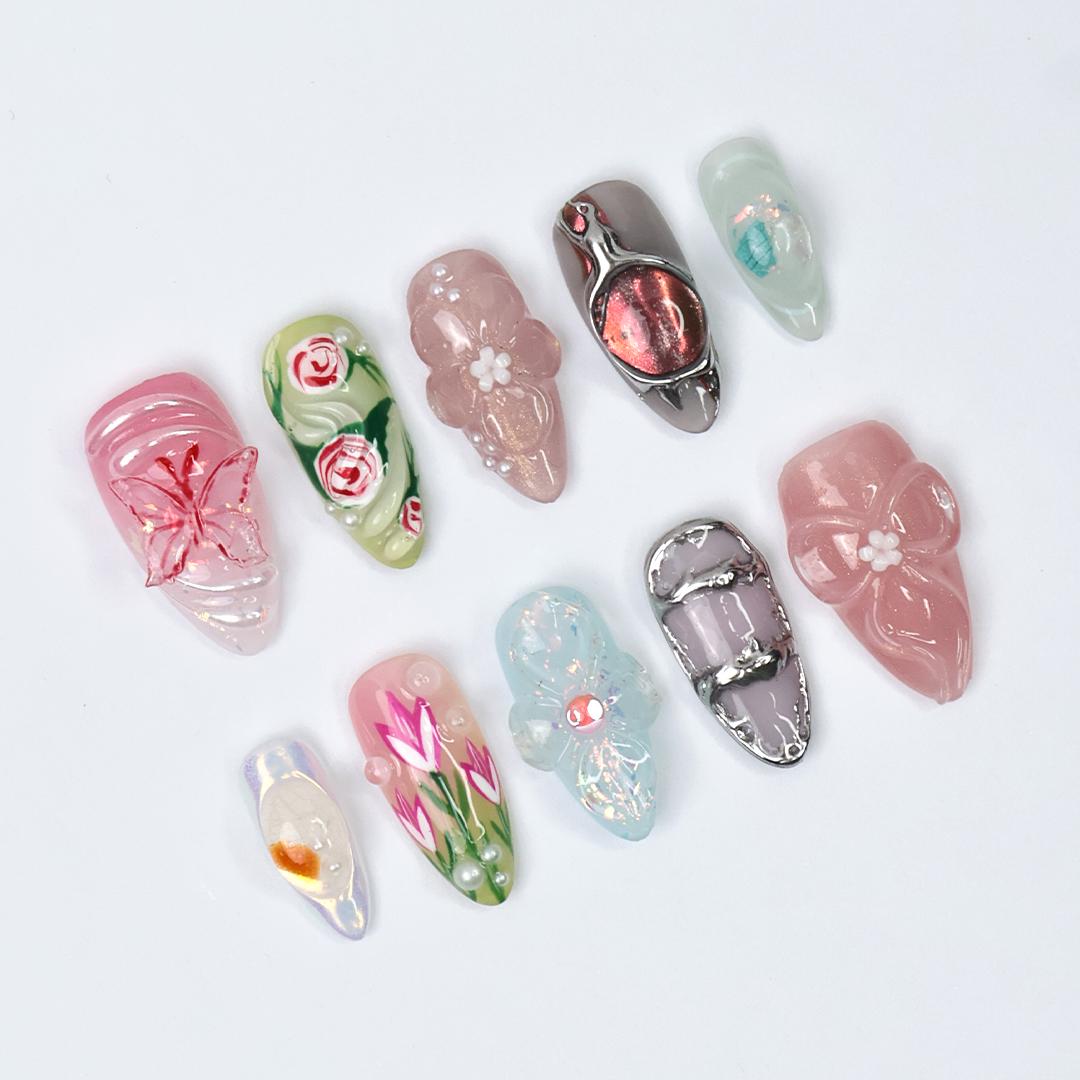 Springtime - 3D Flowers Medium Almond Press on nails, Handmade Floral False Nails for Holiday, Vacation, Birthday, Prom Nails. Gift for Her