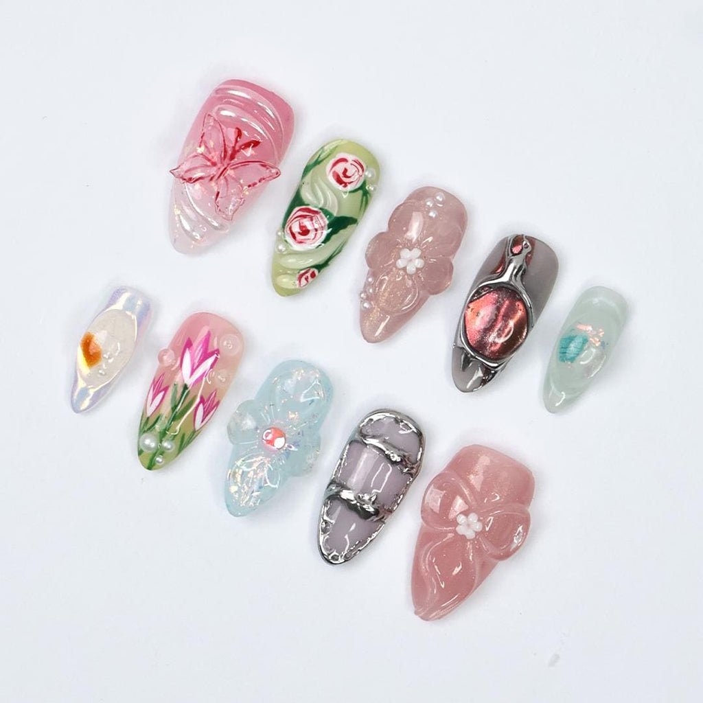 Springtime - 3D Flowers Medium Almond Press on nails, Handmade Floral False Nails for Holiday, Vacation, Birthday, Prom Nails. Gift for Her