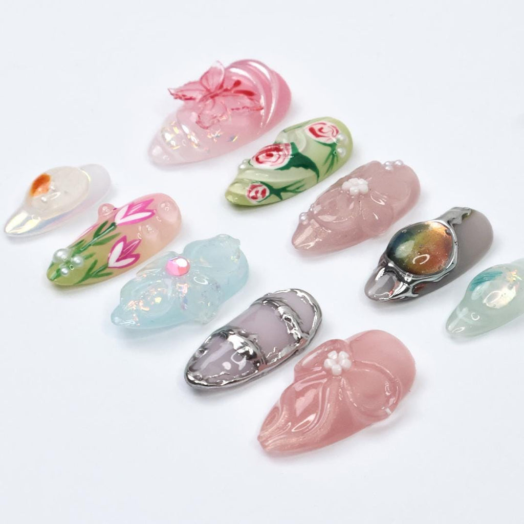 Springtime - 3D Flowers Medium Almond Press on nails, Handmade Floral False Nails for Holiday, Vacation, Birthday, Prom Nails. Gift for Her