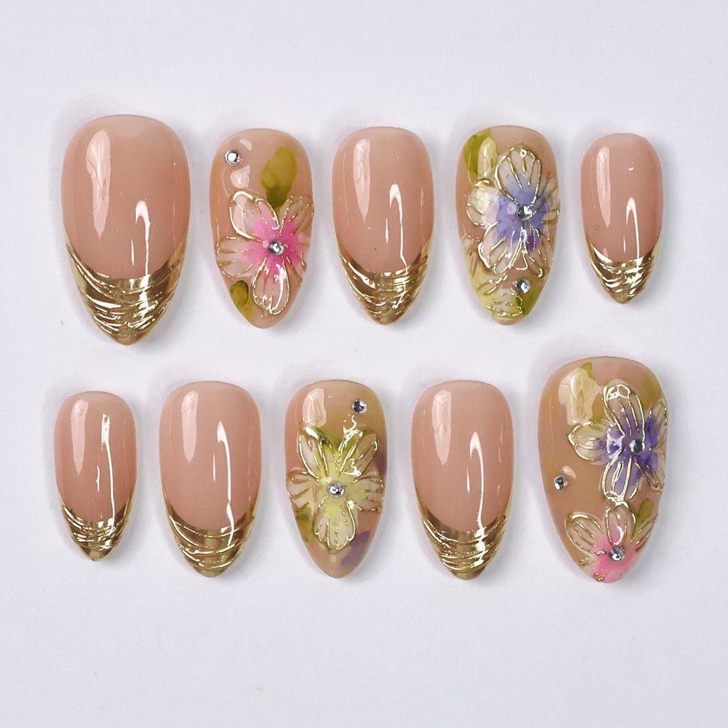 Press On Nails Rosette With Gold French Tip | Floral Fake Nails In Short Almond | Handmade Spring Nail Art for Holiday, Vacation, Birthday