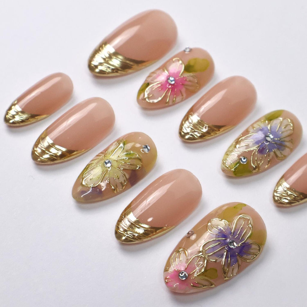 Press On Nails Rosette With Gold French Tip | Floral Fake Nails In Short Almond | Handmade Spring Nail Art for Holiday, Vacation, Birthday
