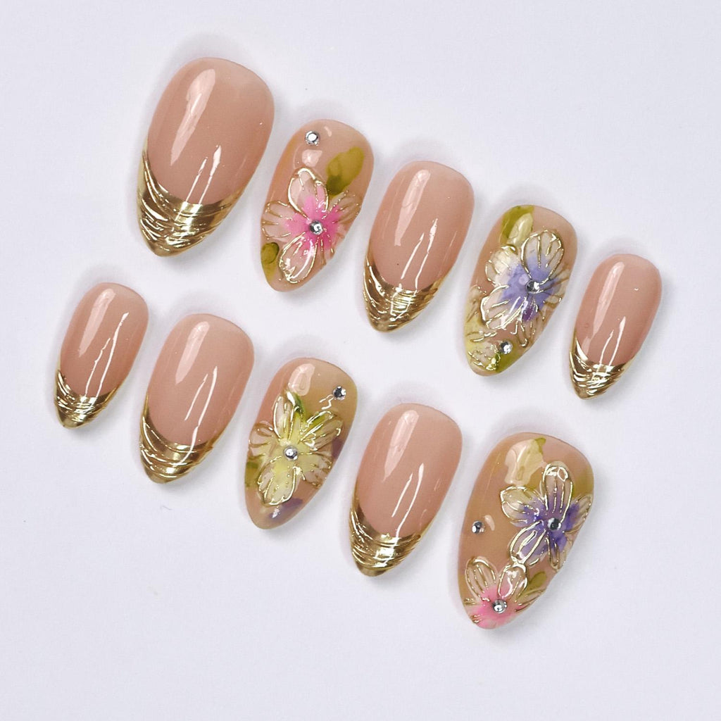 Press On Nails Rosette With Gold French Tip | Floral Fake Nails In Short Almond | Handmade Spring Nail Art for Holiday, Vacation, Birthday