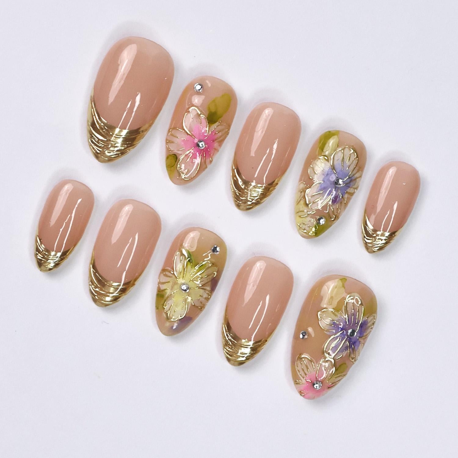 Press On Nails Rosette With Gold French Tip | Floral Fake Nails In Short Almond | Handmade Spring Nail Art for Holiday, Vacation, Birthday