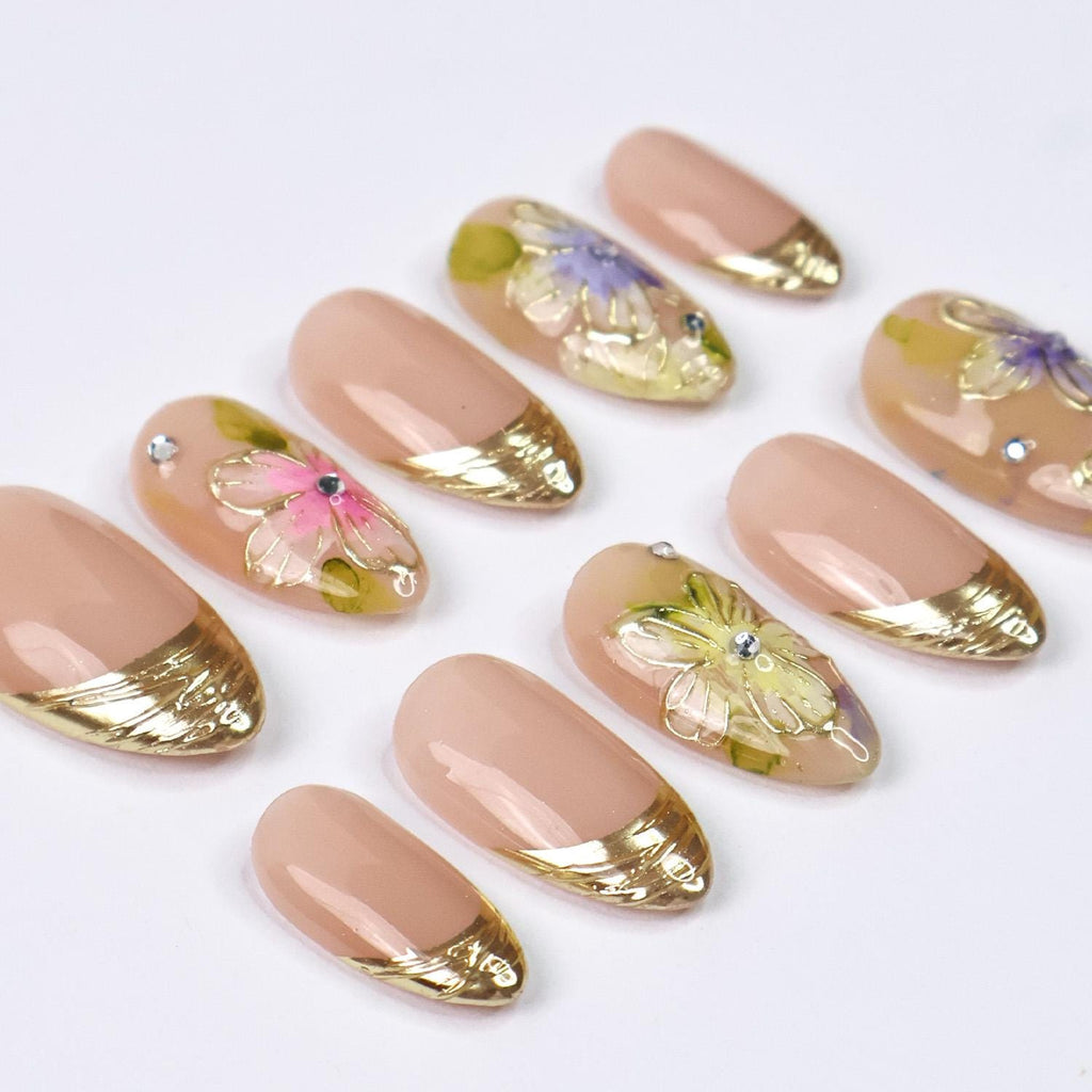 Press On Nails Rosette With Gold French Tip | Floral Fake Nails In Short Almond | Handmade Spring Nail Art for Holiday, Vacation, Birthday