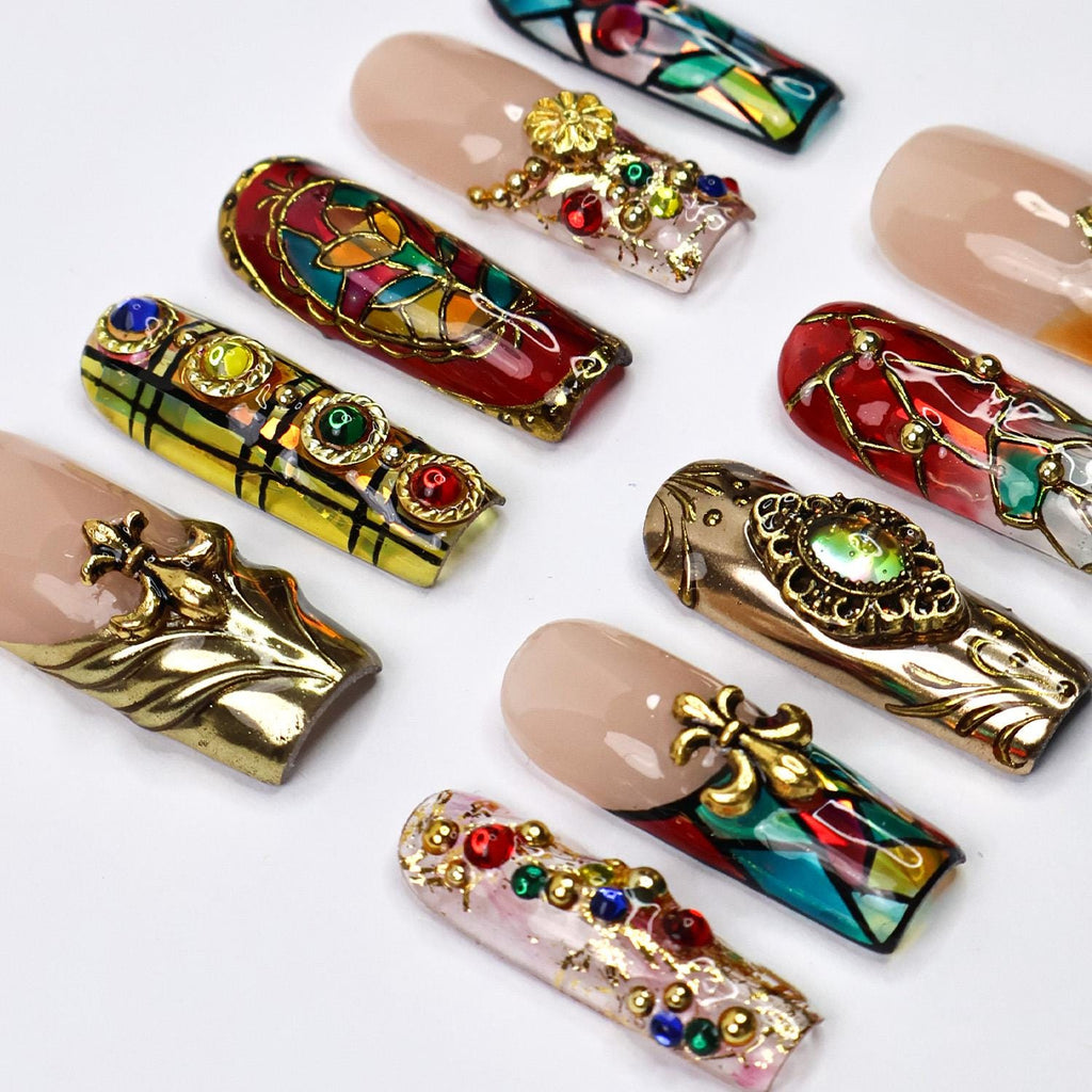 Press-On Nails Vitreaux with Stained Glass | Baroque 3D Fake Nails in Long Square | Handmade Gothic Nail Art for Holiday, Vacation, Birthday