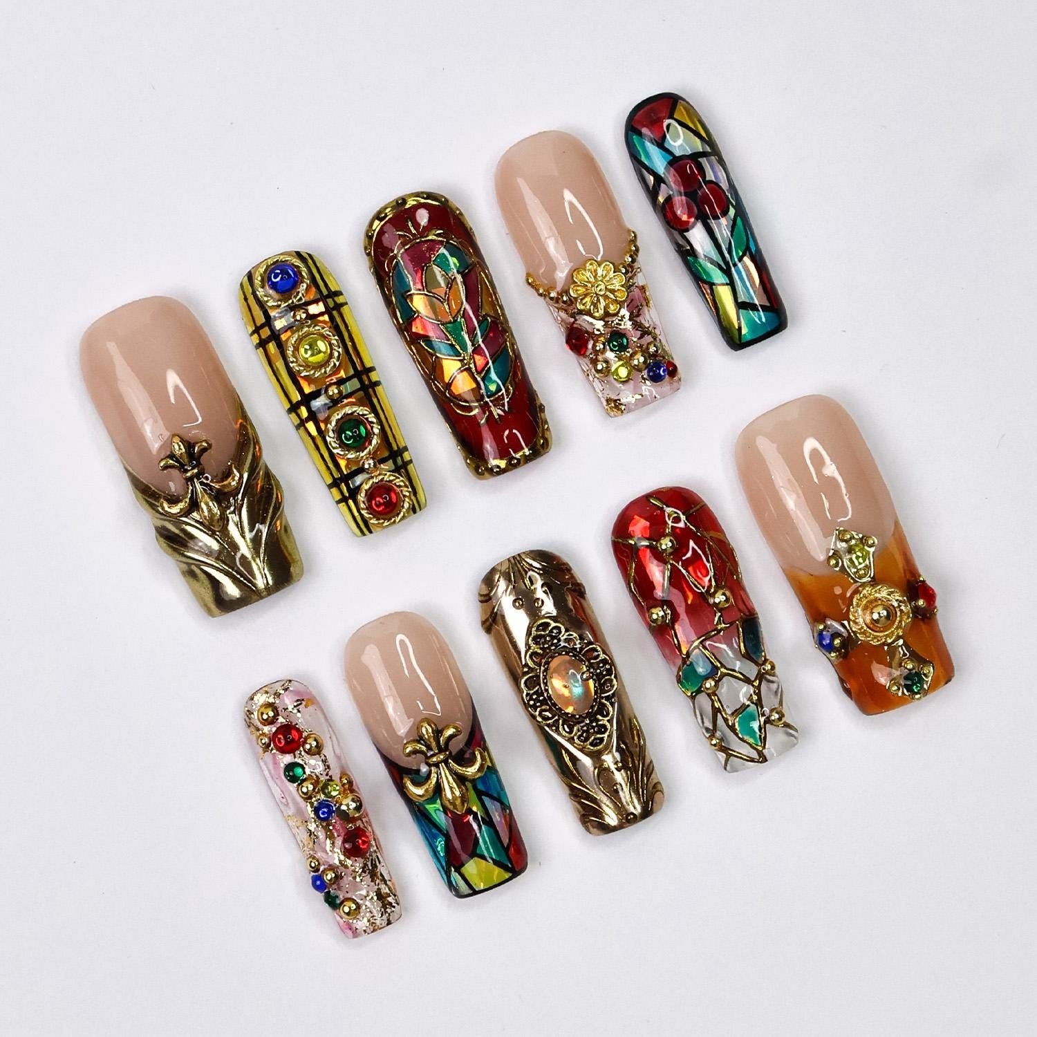 Press-On Nails Vitreaux with Stained Glass | Baroque 3D Fake Nails in Long Square | Handmade Gothic Nail Art for Holiday, Vacation, Birthday