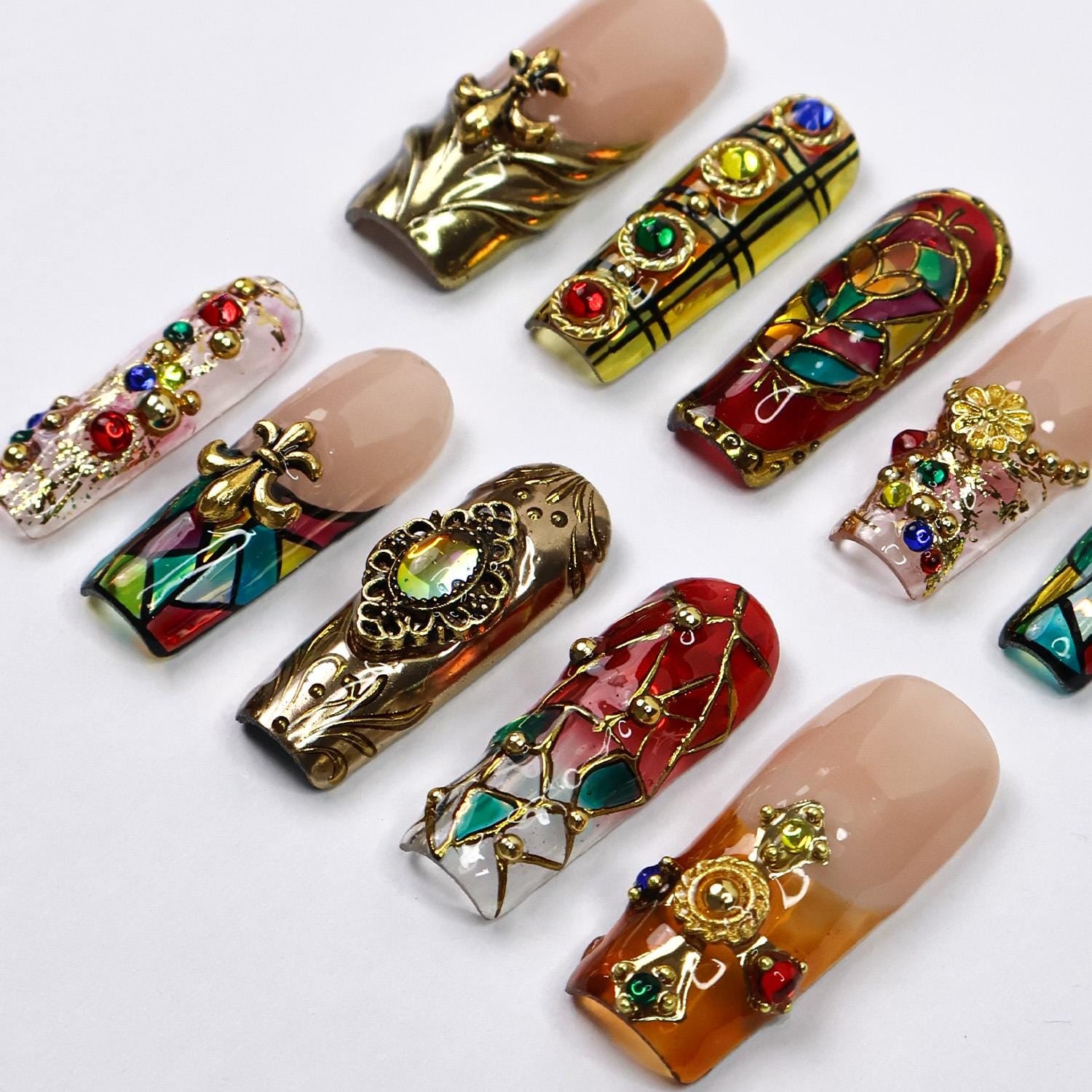 Press-On Nails Vitreaux with Stained Glass | Baroque 3D Fake Nails in Long Square | Handmade Gothic Nail Art for Holiday, Vacation, Birthday