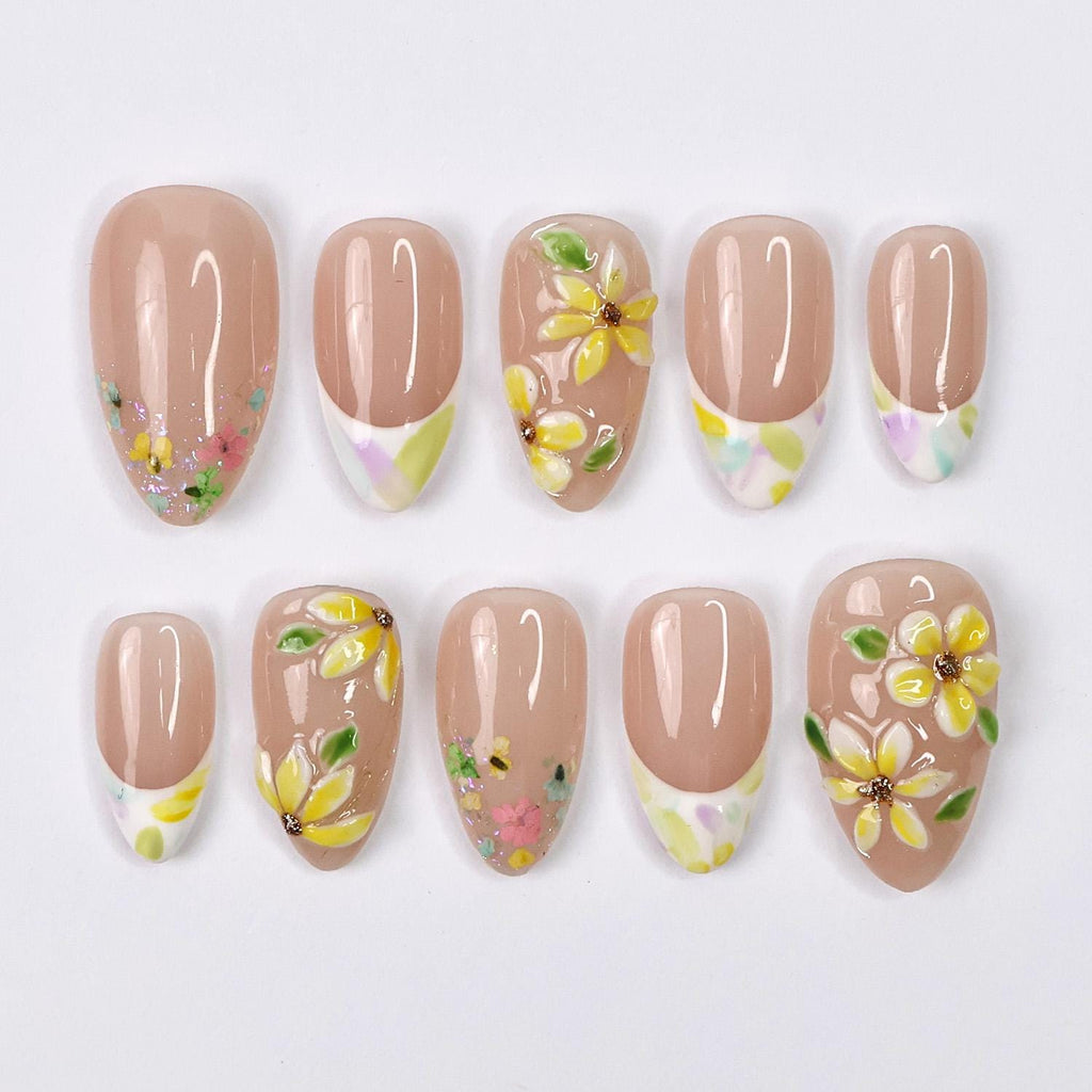 Press On Nails Sunpetal with 3D Plumeria | French Tips Fake Nails in Short Almond | Handmade Spring Nail Art for Holiday, Vacation, Birthday