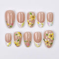 Press On Nails Sunpetal with 3D Plumeria | French Tips Fake Nails in Short Almond | Handmade Spring Nail Art for Holiday, Vacation, Birthday