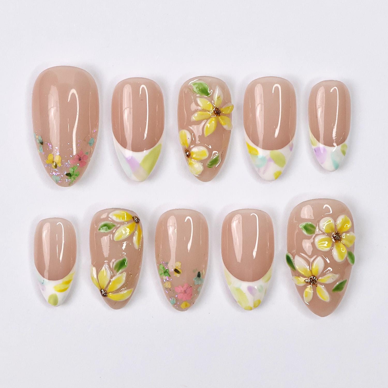 Press On Nails Sunpetal with 3D Plumeria | French Tips Fake Nails in Short Almond | Handmade Spring Nail Art for Holiday, Vacation, Birthday