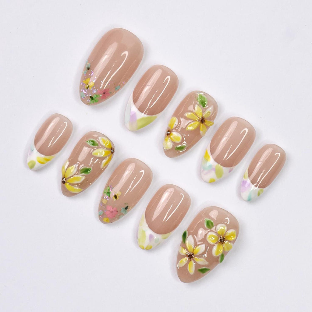 Press On Nails Sunpetal with 3D Plumeria | French Tips Fake Nails in Short Almond | Handmade Spring Nail Art for Holiday, Vacation, Birthday