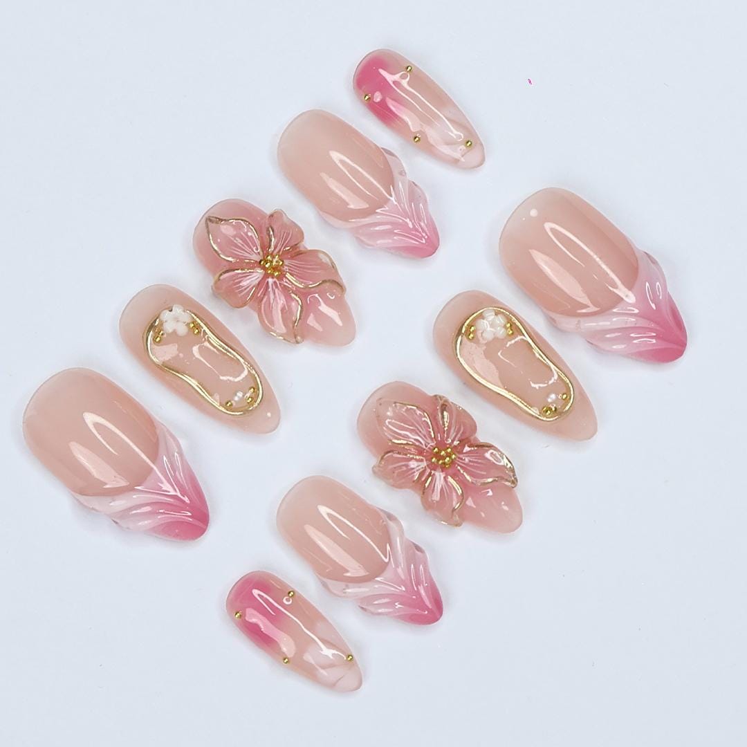 Blush Bloom Elegance Press On Nails with 3D Floral Accents, Gold Details & Pink Ombre, Suitable for Wedding, Events or Gift for Her
