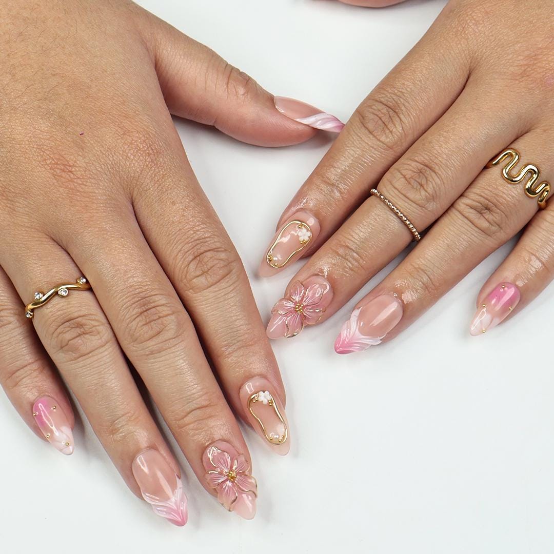 Blush Bloom Elegance Press On Nails with 3D Floral Accents, Gold Details & Pink Ombre, Suitable for Wedding, Events or Gift for Her