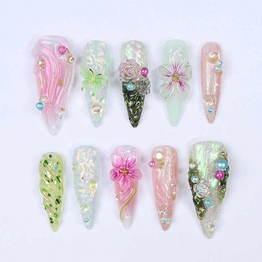 Whimsical Press On Nails Green & Pink Long Stiletto Nails With 3D Flowers, Butterfly Details, Perfect For A Magical Spring, Vacation Or Gift