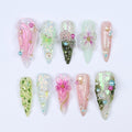 Whimsical Press On Nails Green & Pink Long Stiletto Nails With 3D Flowers, Butterfly Details, Perfect For A Magical Spring, Vacation Or Gift