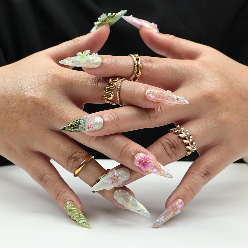 Whimsical Press On Nails Green & Pink Long Stiletto Nails With 3D Flowers, Butterfly Details, Perfect For A Magical Spring, Vacation Or Gift