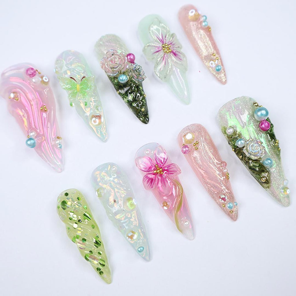 Whimsical Press On Nails Green & Pink Long Stiletto Nails With 3D Flowers, Butterfly Details, Perfect For A Magical Spring, Vacation Or Gift