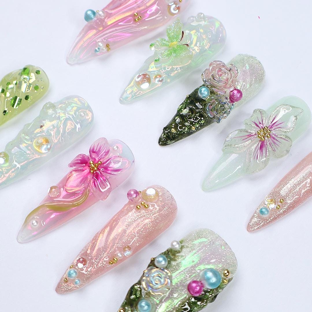 Whimsical Press On Nails Green & Pink Long Stiletto Nails With 3D Flowers, Butterfly Details, Perfect For A Magical Spring, Vacation Or Gift