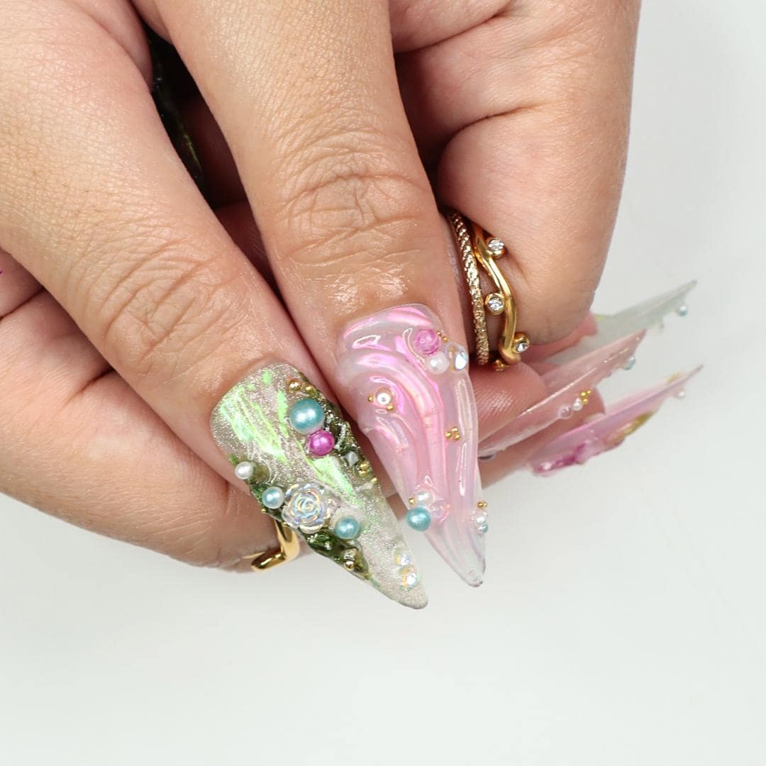Whimsical Press On Nails Green & Pink Long Stiletto Nails With 3D Flowers, Butterfly Details, Perfect For A Magical Spring, Vacation Or Gift