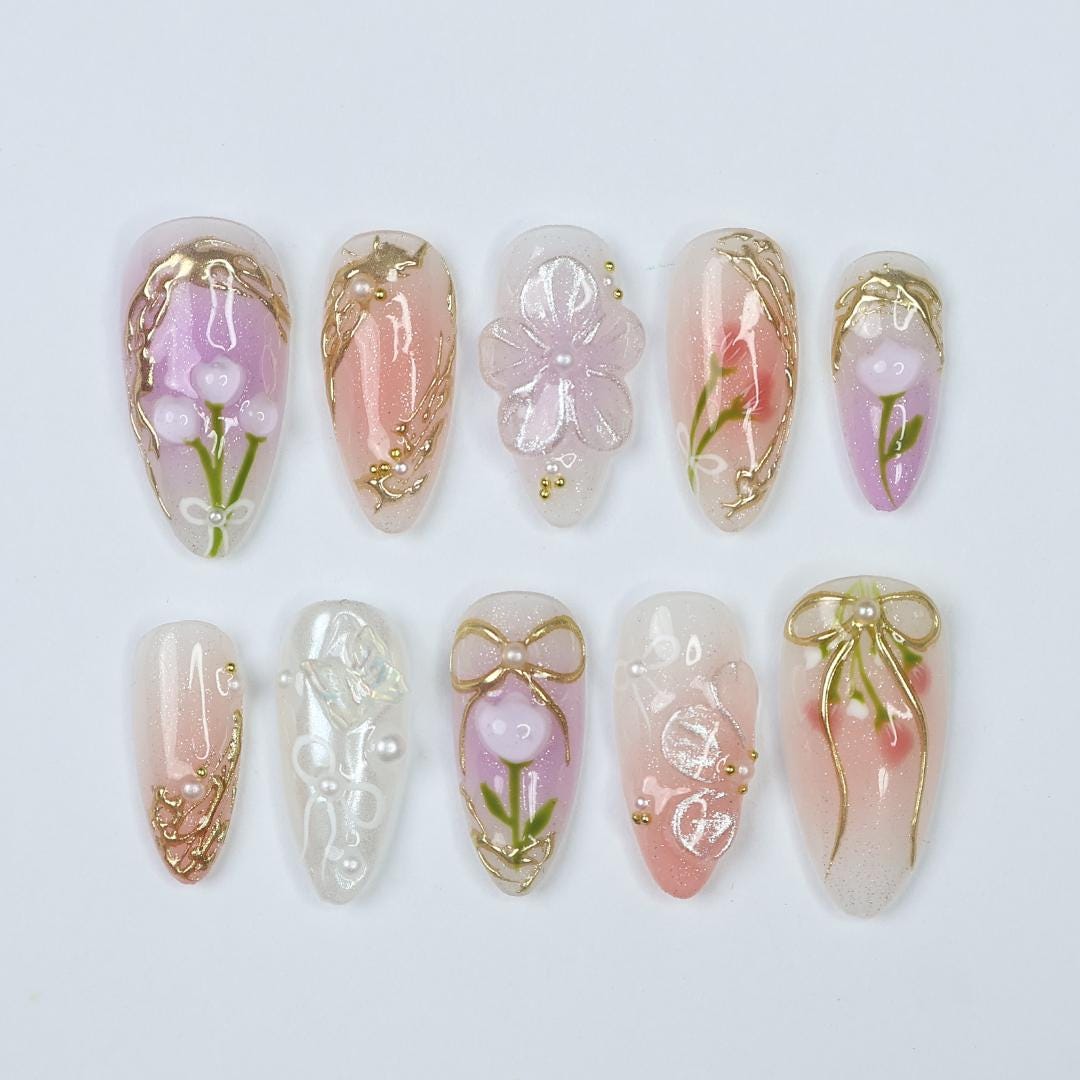 Fairy-Tale Spring Press On Nails, Almond Nails With Gold Ribbons, Pearls & Floral Details, Perfect For A Prom, Garden Party