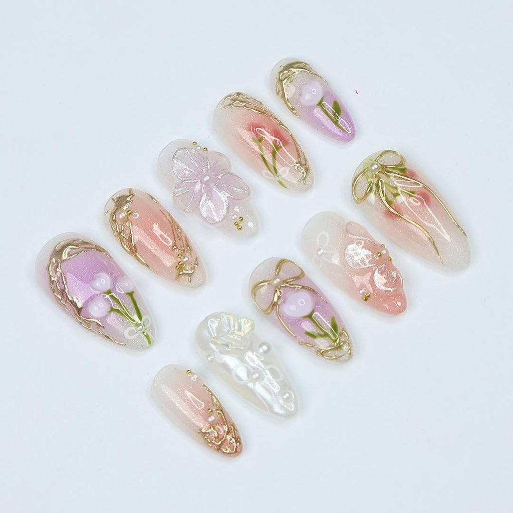 Fairy-Tale Spring Press On Nails, Almond Nails With Gold Ribbons, Pearls & Floral Details, Perfect For A Prom, Garden Party