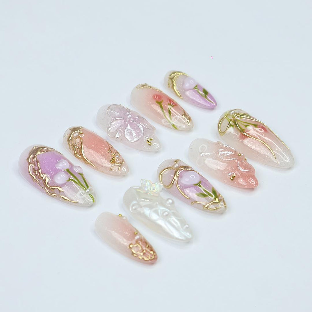 Fairy-Tale Spring Press On Nails, Almond Nails With Gold Ribbons, Pearls & Floral Details, Perfect For A Prom, Garden Party