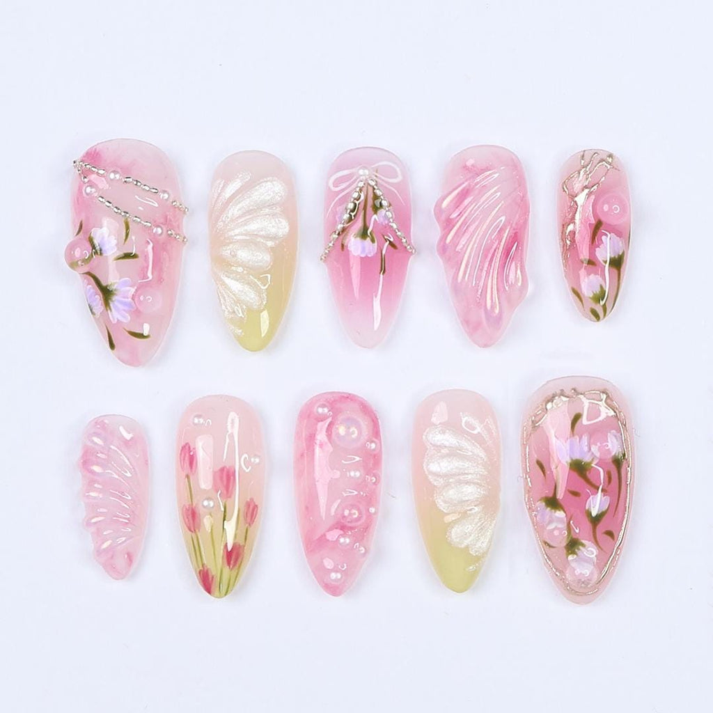 Dreamy Pink Almond Press On Nails with 3D Flower Art, Silver Details And Bow, Handmade Almond Nails Perfect For Spring, Birthday & Gifting