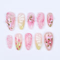 Dreamy Pink Almond Press On Nails with 3D Flower Art, Silver Details And Bow, Handmade Almond Nails Perfect For Spring, Birthday & Gifting