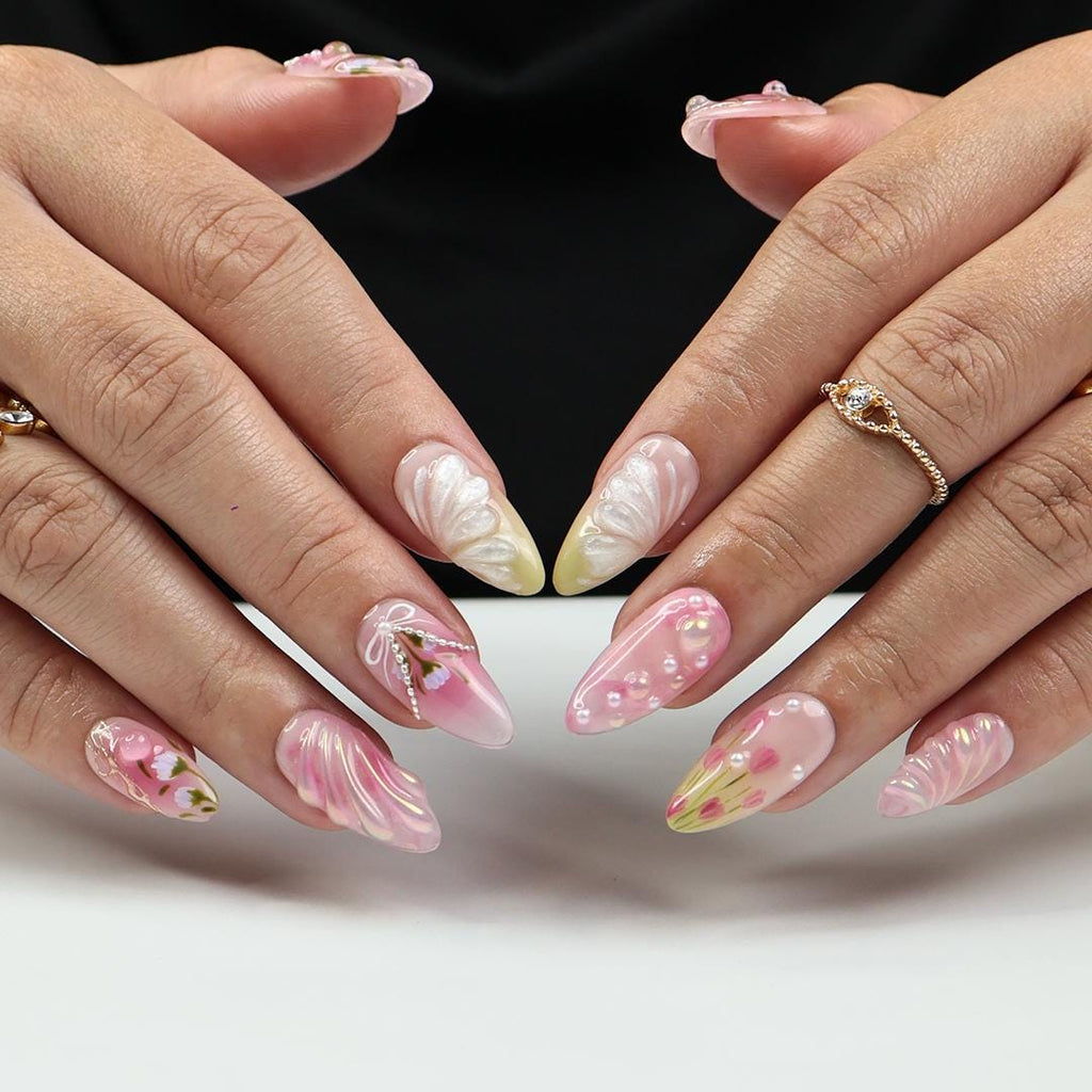 Dreamy Pink Almond Press On Nails with 3D Flower Art, Silver Details And Bow, Handmade Almond Nails Perfect For Spring, Birthday & Gifting