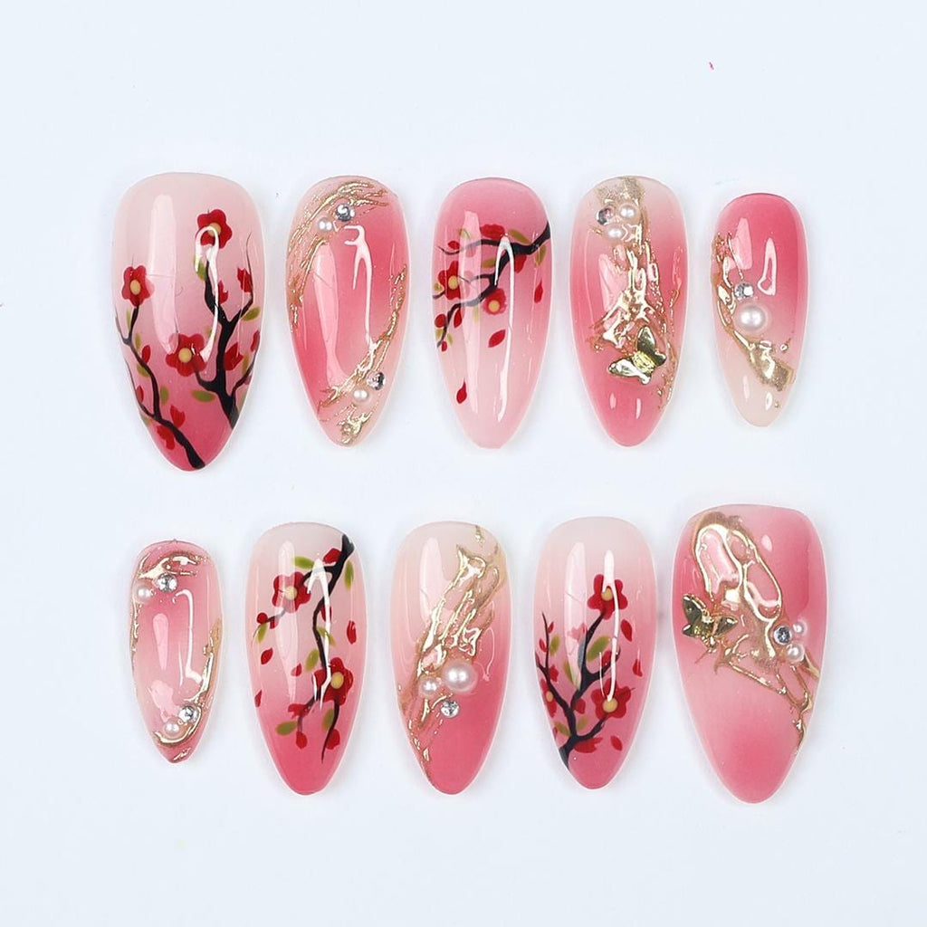 Hand-Painted Sakura Medium Almond Press On Nails with Floral Branches & Gold Details, Perfect for Spring, Birthday Gift for her