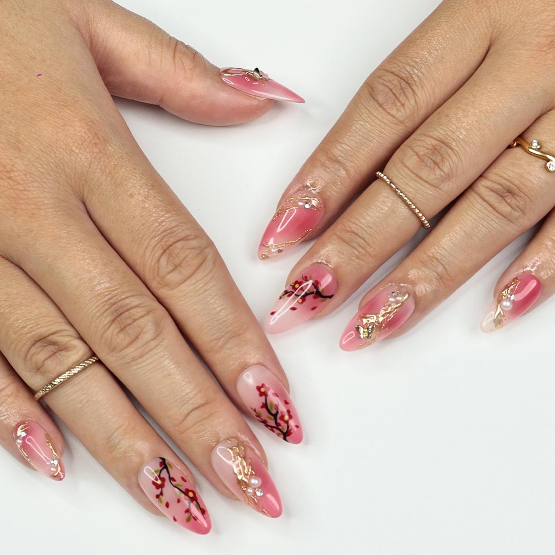 Hand-Painted Sakura Medium Almond Press On Nails with Floral Branches & Gold Details, Perfect for Spring, Birthday Gift for her