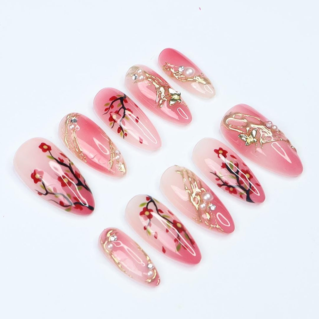 Hand-Painted Sakura Medium Almond Press On Nails with Floral Branches & Gold Details, Perfect for Spring, Birthday Gift for her