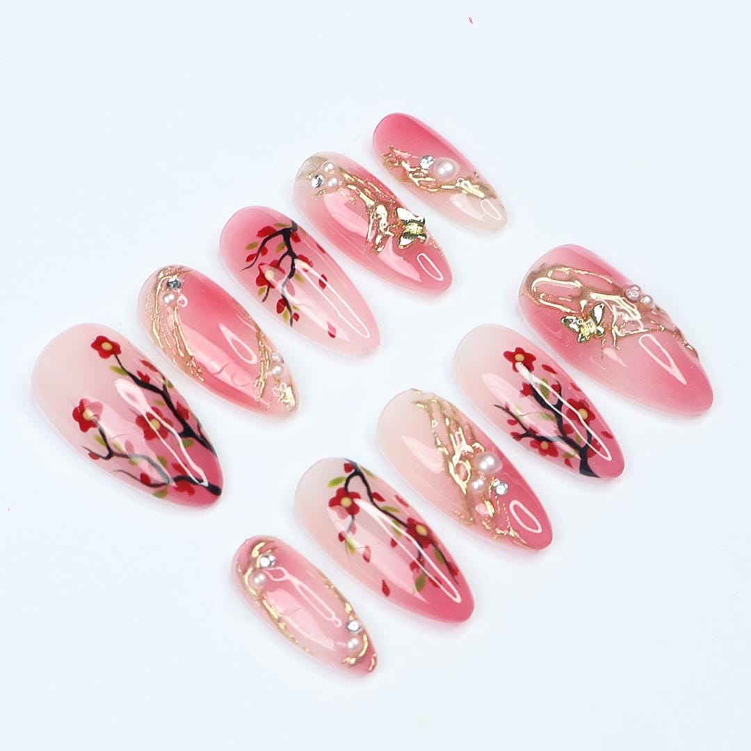 Hand-Painted Sakura Medium Almond Press On Nails with Floral Branches & Gold Details, Perfect for Spring, Birthday Gift for her
