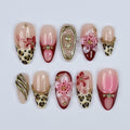 Vacation Press On Nails with Leopard Print and 3D Flowers, Red and Gold Long Fake Nails for Beach Holiday or Tropical Summer Look