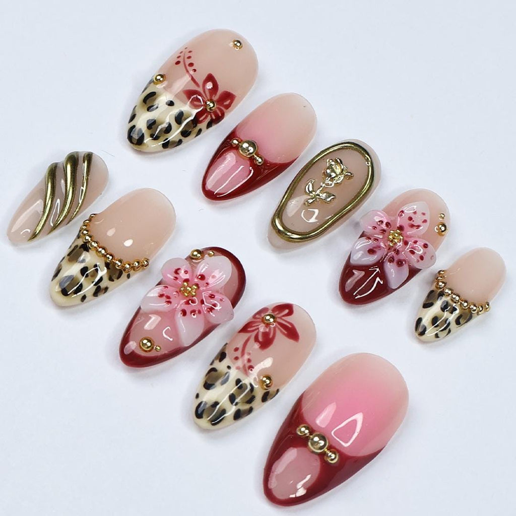 Vacation Press On Nails with Leopard Print and 3D Flowers, Red and Gold Long Fake Nails for Beach Holiday or Tropical Summer Look