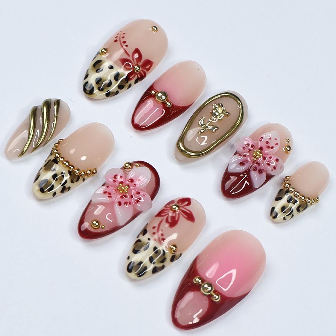 Vacation Press On Nails with Leopard Print and 3D Flowers, Red and Gold Long Fake Nails for Beach Holiday or Tropical Summer Look