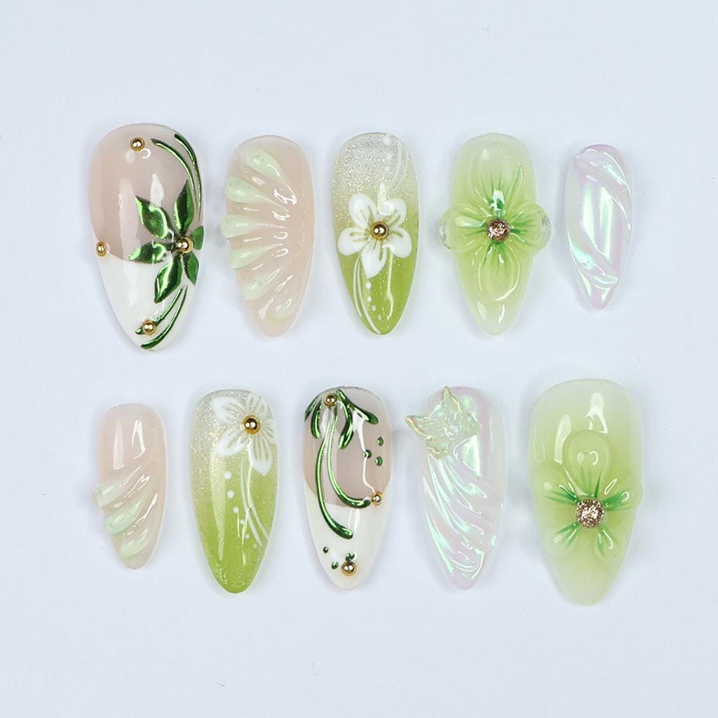 Spring Green Press On Nails with 3D Floral, Butterfly, Medium Almond Nails For A Fresh & Elegant Look, Perfect For Vacation Or Gift For Her