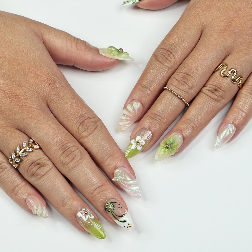 Spring Green Press On Nails with 3D Floral, Butterfly, Medium Almond Nails For A Fresh & Elegant Look, Perfect For Vacation Or Gift For Her