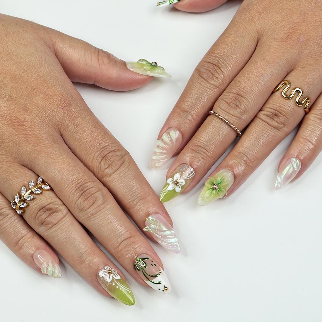 Spring Green Press On Nails with 3D Floral, Butterfly, Medium Almond Nails For A Fresh & Elegant Look, Perfect For Vacation Or Gift For Her