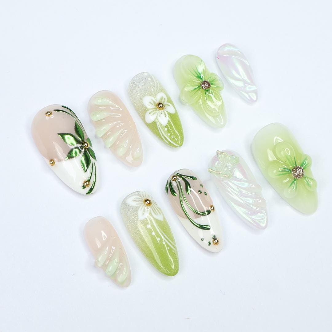 Spring Green Press On Nails with 3D Floral, Butterfly, Medium Almond Nails For A Fresh & Elegant Look, Perfect For Vacation Or Gift For Her