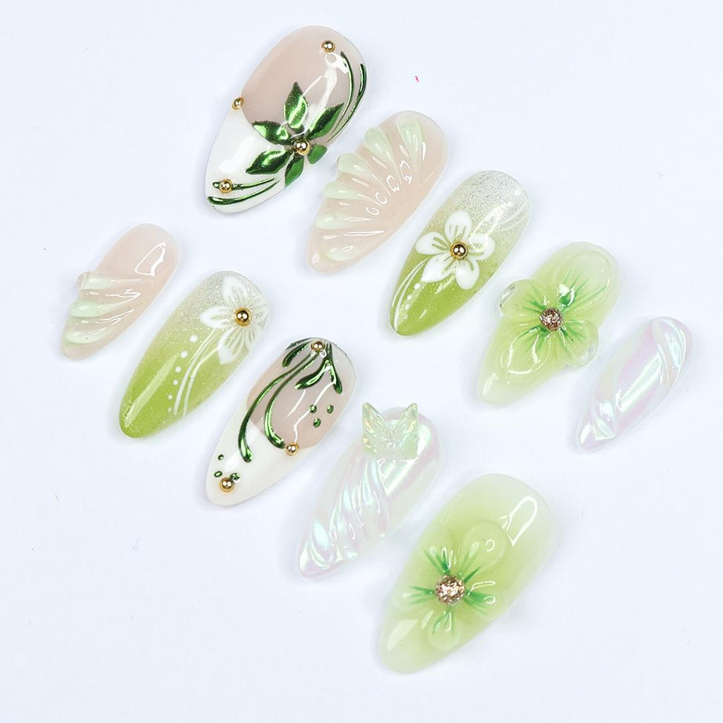 Spring Green Press On Nails with 3D Floral, Butterfly, Medium Almond Nails For A Fresh & Elegant Look, Perfect For Vacation Or Gift For Her