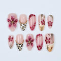 Spring 3D Sakura Press On Nails with Leopard French Tip | Handmade Pink Floral Nails in Medium Almond | Holiday, Vacation, Birthday Nail Set