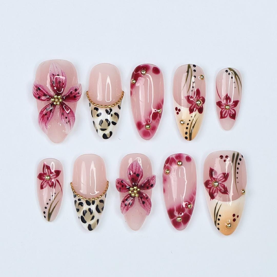 Spring 3D Sakura Press On Nails with Leopard French Tip | Handmade Pink Floral Nails in Medium Almond | Holiday, Vacation, Birthday Nail Set
