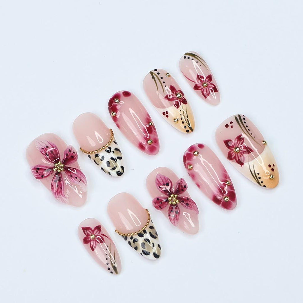 Spring 3D Sakura Press On Nails with Leopard French Tip | Handmade Pink Floral Nails in Medium Almond | Holiday, Vacation, Birthday Nail Set