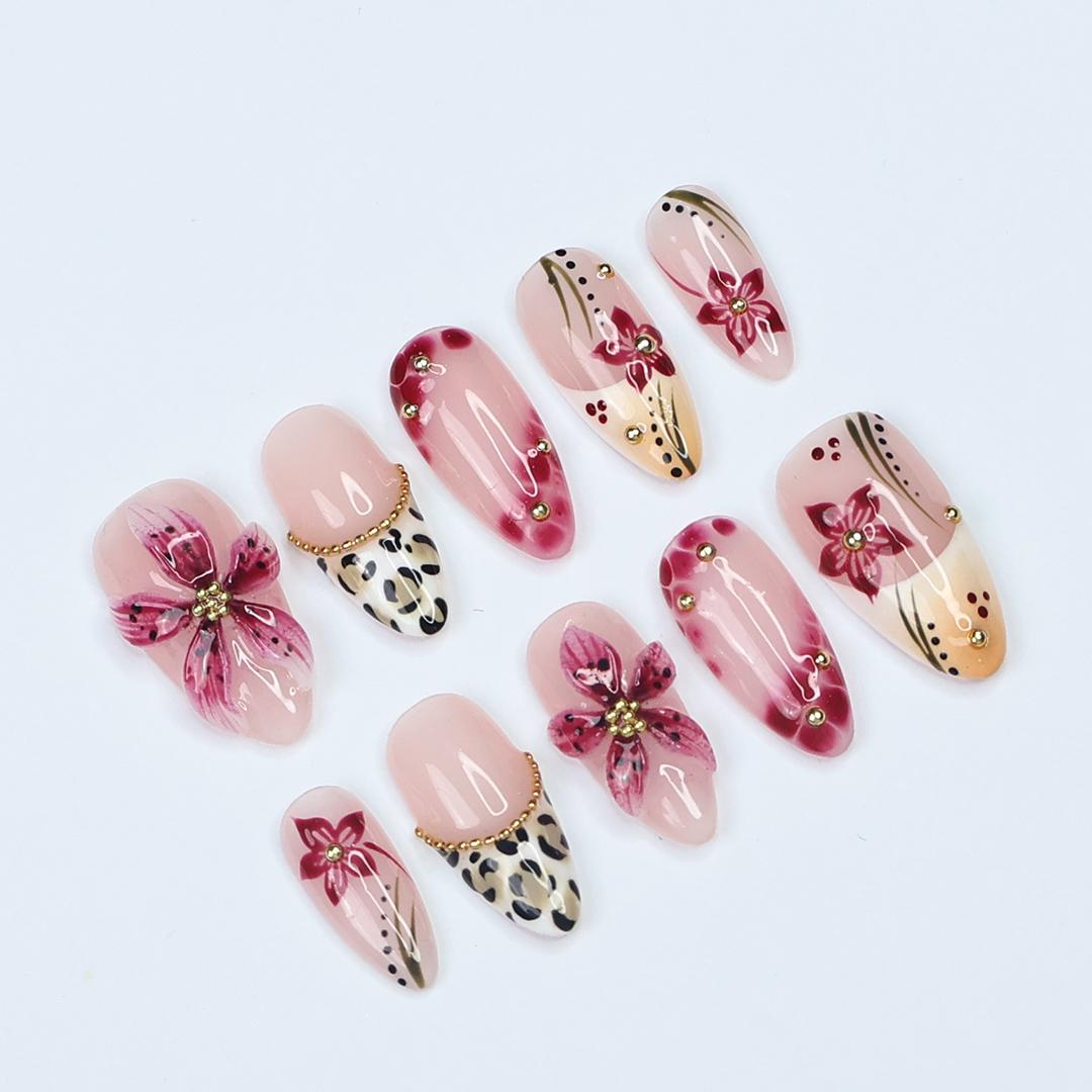 Spring 3D Sakura Press On Nails with Leopard French Tip | Handmade Pink Floral Nails in Medium Almond | Holiday, Vacation, Birthday Nail Set