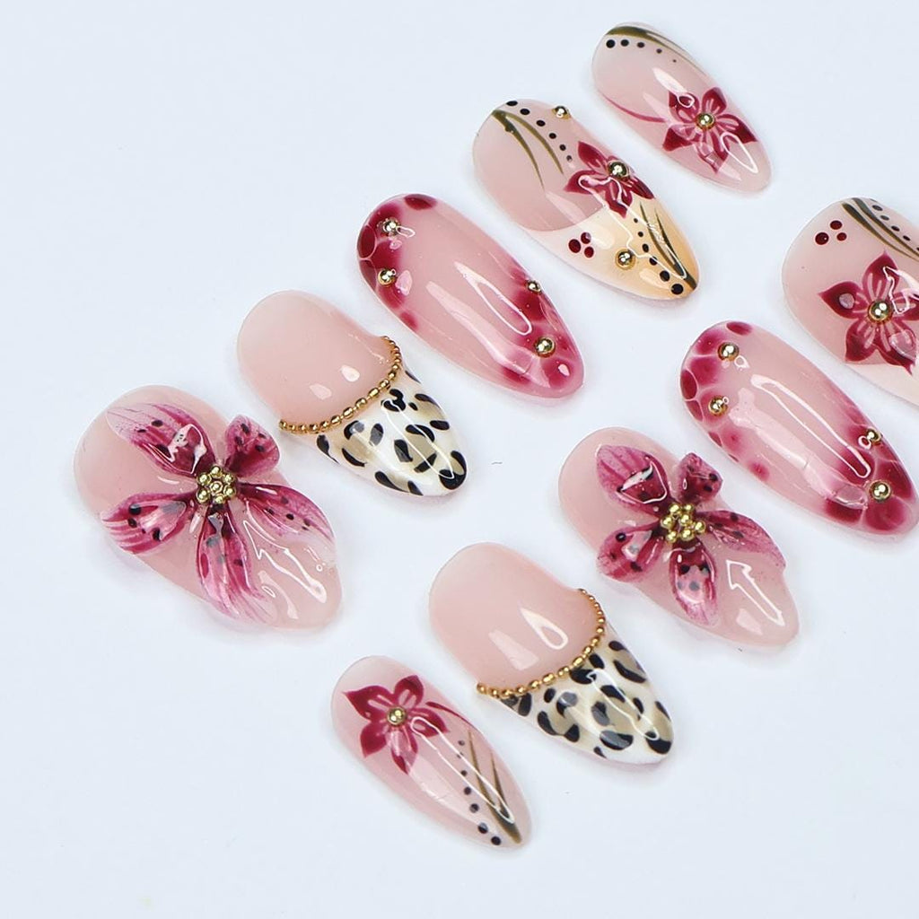 Spring 3D Sakura Press On Nails with Leopard French Tip | Handmade Pink Floral Nails in Medium Almond | Holiday, Vacation, Birthday Nail Set