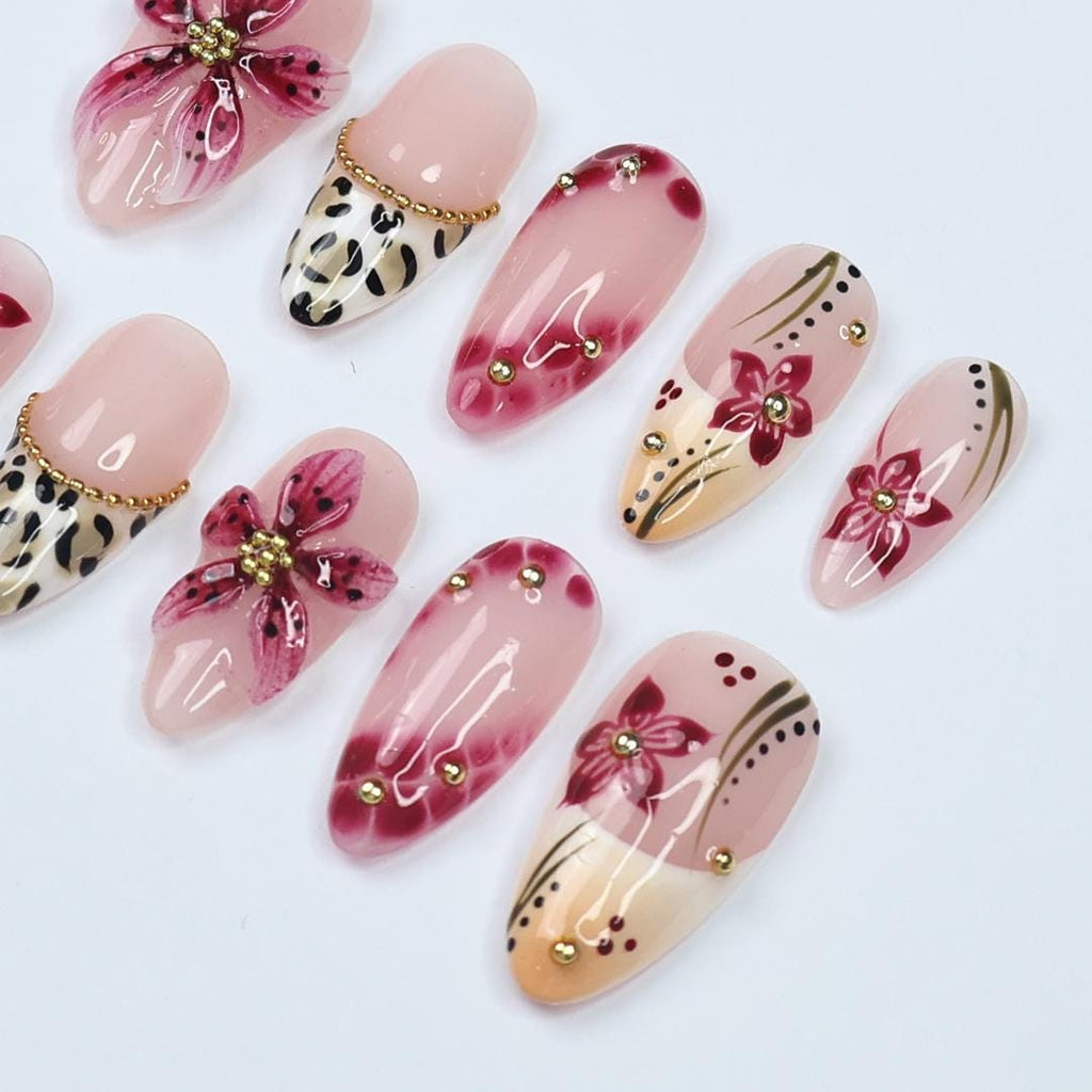 Spring 3D Sakura Press On Nails with Leopard French Tip | Handmade Pink Floral Nails in Medium Almond | Holiday, Vacation, Birthday Nail Set