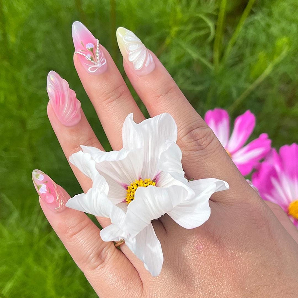Dreamy Pink Almond Press On Nails with 3D Flower Art, Silver Details And Bow, Handmade Almond Nails Perfect For Spring, Birthday & Gifting