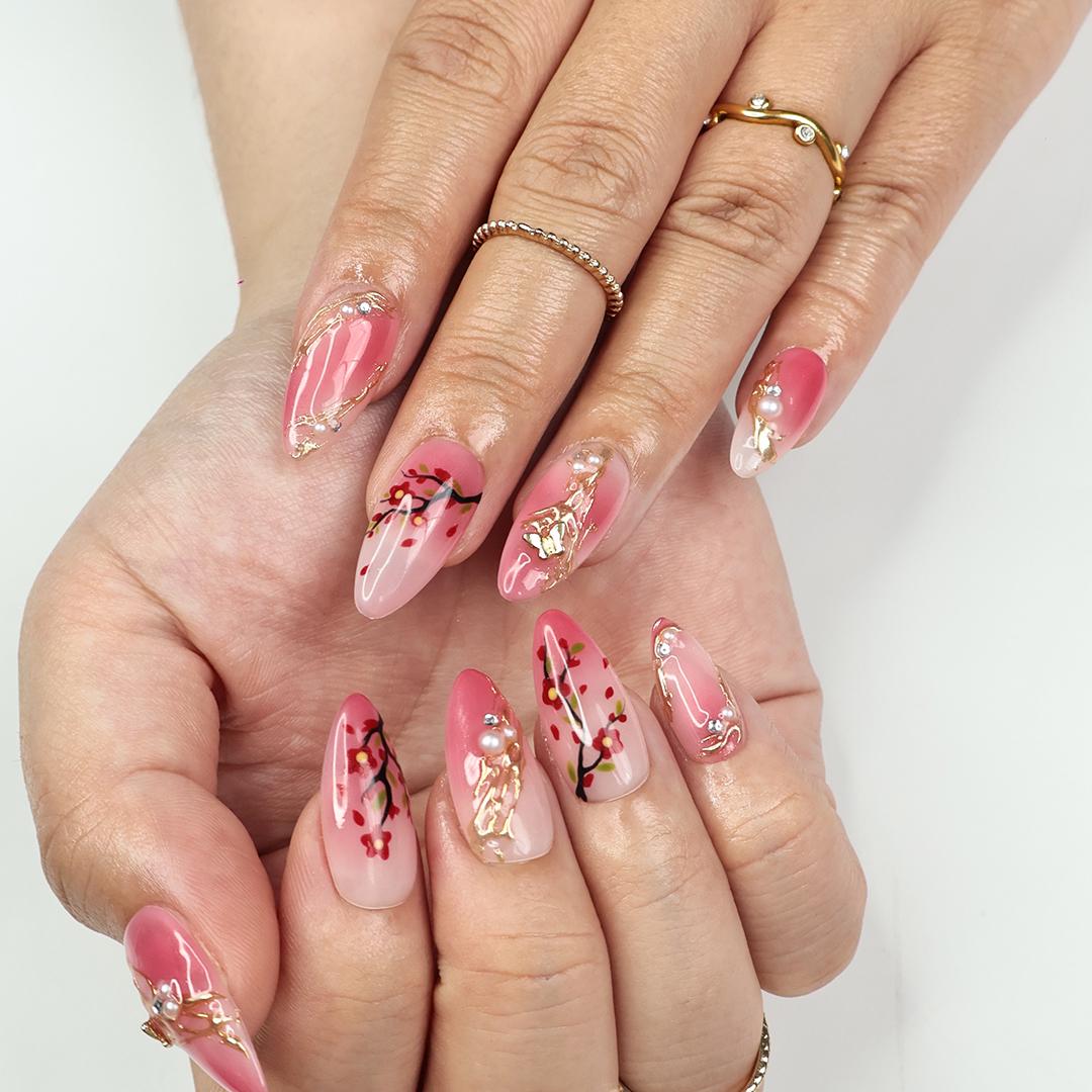 Hand-Painted Sakura Medium Almond Press On Nails with Floral Branches & Gold Details, Perfect for Spring, Birthday Gift for her