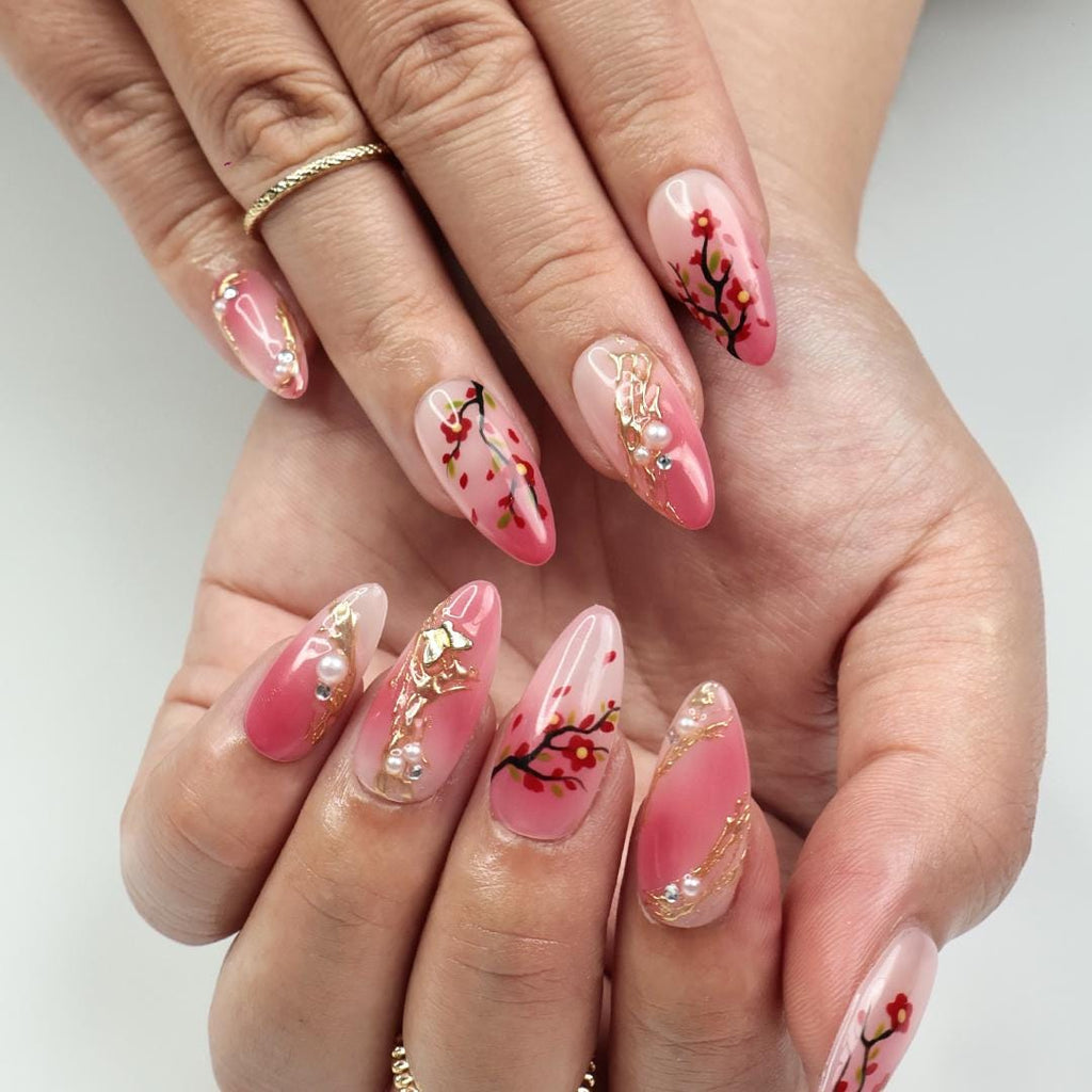 Hand-Painted Sakura Medium Almond Press On Nails with Floral Branches & Gold Details, Perfect for Spring, Birthday Gift for her